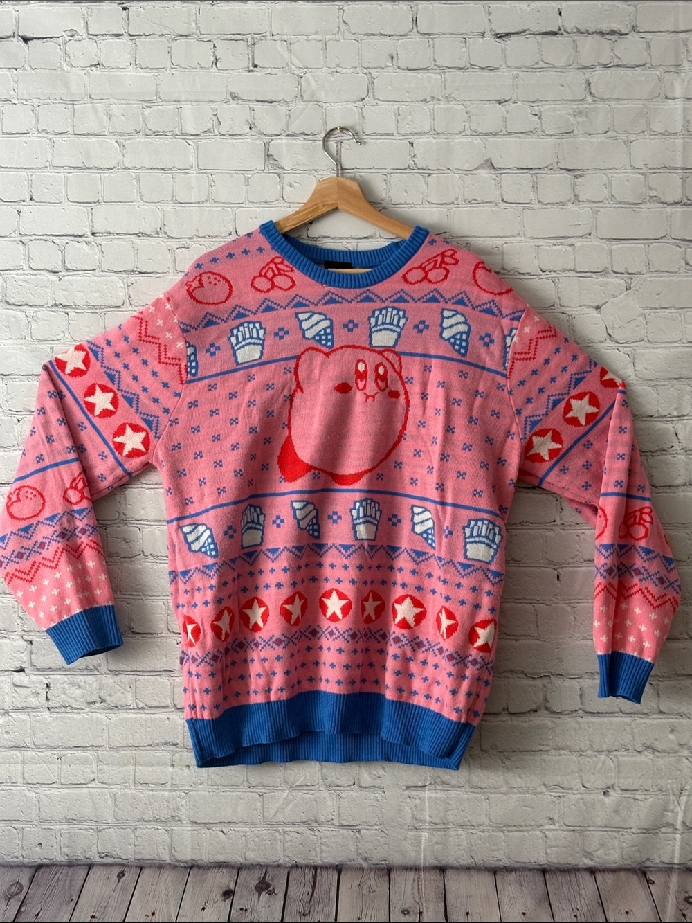 Nintendo Pink Kirby Crewneck Sweater with Blue Trim